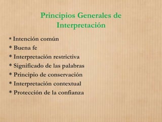 Principios Generales de
Interpretación
* Intención común
* Buena fe
* Interpretación restrictiva
* Significado de las palabras
* Principio de conservación
* Interpretación contextual
* Protección de la confianza
 