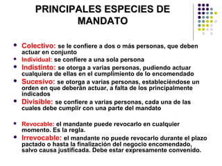 PRINCIPALES ESPECIES DEPRINCIPALES ESPECIES DE
MANDATOMANDATO
 Colectivo: se le confiere a dos o más personas, que deben
actuar en conjunto
 Individual: se confiere a una sola persona
 Indistinto: se otorga a varias personas, pudiendo actuar
cualquiera de ellas en el cumplimiento de lo encomendado
 Sucesivo: se otorga a varias personas, estableciéndose un
orden en que deberán actuar, a falta de los principalmente
indicados
 Divisible: se confiere a varias personas, cada una de las
cuales debe cumplir con una parte del mandato
 Revocable: el mandante puede revocarlo en cualquier
momento. Es la regla.
 Irrevocable: el mandante no puede revocarlo durante el plazo
pactado o hasta la finalización del negocio encomendado,
salvo causa justificada. Debe estar expresamente convenido.
 