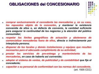 OBLIGACIONES del CONCESIONARIOOBLIGACIONES del CONCESIONARIO
a. comprar exclusivamente al concedente las mercaderías y, en su caso,
los repuestos objeto de la concesión, y mantener la existencia
convenida de ellos o, en defecto de convenio, la cantidad suficiente
para asegurar la continuidad de los negocios y la atención del público
consumidor;
b. respetar los límites geográficos de actuación y abstenerse de
comercializar mercaderías fuera de ellos, directa o indirectamente por
interpósita persona;
c. disponer de los locales y demás instalaciones y equipos que resulten
necesarios para el adecuado cumplimiento de su actividad;
d. prestar los servicios de pre-entrega y mantenimiento de las
mercaderías, en caso de haberlo así convenido;
e. adoptar el sistema de ventas, de publicidad y de contabilidad que fije el
concedente;
f. capacitar a su personal de conformidad con las normas del concedente.
(art. 1505 CCC)
 