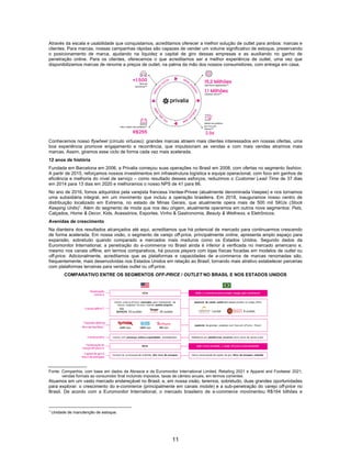 11
Através da escala e usabilidade que conquistamos, acreditamos oferecer a melhor solução de outlet para ambos: marcas e
clientes. Para marcas, nossas campanhas rápidas são capazes de vender um volume significativo de estoque, preservando
o posicionamento de marca, ajudando na liquidez e capital de giro dessas empresas e as auxiliando no ganho de
penetração online. Para os clientes, oferecemos o que acreditamos ser a melhor experiência de outlet, uma vez que
disponibilizamos marcas de renome a preços de outlet, na palma da mão dos nossos consumidores, com entrega em casa.
Conhecemos nosso flywheel (círculo virtuoso): grandes marcas atraem mais clientes interessados em nossas ofertas, uma
boa experiência promove engajamento e recorrência, que impulsionam as vendas e com mais vendas atraímos mais
marcas. Assim, giramos esse ciclo de forma cada vez mais acelerada.
12 anos de história
Fundada em Barcelona em 2006, a Privalia começou suas operações no Brasil em 2008, com ofertas no segmento fashion.
A partir de 2015, reforçamos nossos investimentos em infraestrutura logística e equipe operacional, com foco em ganhos de
eficiência e melhoria do nível de serviço – como resultado desses esforços, reduzimos o Customer Lead Time de 37 dias
em 2014 para 13 dias em 2020 e melhoramos o nosso NPS de 41 para 66.
No ano de 2016, fomos adquiridos pela varejista francesa Ventee-Privee (atualmente denominada Veepee) e nos tornamos
uma subsidiária integral, em um movimento que incluiu a operação brasileira. Em 2018, inauguramos nosso centro de
distribuição localizado em Extrema, no estado de Minas Gerais, que atualmente opera mais de 500 mil SKUs (Stock
Keeping Units)1
. Além do segmento de moda que nos deu origem, atualmente operamos em outros nove segmentos: Pets,
Calçados, Home & Decor, Kids, Acessórios, Esportes, Vinho & Gastronomia, Beauty & Wellness, e Eletrônicos.
Avenidas de crescimento
Na dianteira dos resultados alcançados até aqui, acreditamos que há potencial de mercado para continuarmos crescendo
de forma acelerada. Em nossa visão, o segmento de varejo off-price, principalmente online, apresenta amplo espaço para
expansão, sobretudo quando comparado a mercados mais maduros como os Estados Unidos. Segundo dados da
Euromonitor International, a penetração do e-commerce no Brasil ainda é inferior à verificada no mercado americano e,
mesmo nos canais offline, em termos comparativos, há poucos players com lojas físicas focadas em modelos de outlet ou
off-price. Adicionalmente, acreditamos que as plataformas e capacidades de e-commerce de marcas renomadas são,
frequentemente, mais desenvolvidas nos Estados Unidos em relação ao Brasil, tornando mais atrativo estabelecer parcerias
com plataformas terceiras para vendas outlet ou off-price.
COMPARATIVO ENTRE OS SEGMENTOS OFF-PRICE / OUTLET NO BRASIL E NOS ESTADOS UNIDOS
Fonte: Companhia, com base em dados da Abrasce e da Euromonitor International Limited, Retailing 2021 e Apparel and Footwear 2021,
vendas formais ao consumidor final incluindo impostos, taxas de câmbio anuais, em termos correntes.
Atuamos em um vasto mercado endereçável no Brasil, e, em nossa visão, teremos, sobretudo, duas grandes oportunidades
para explorar: o crescimento do e-commerce (principalmente em canais mobile) e a sub-penetração do varejo off-price no
Brasil. De acordo com a Euromonitor International, o mercado brasileiro de e-commerce movimentou R$164 bilhões e
1
Unidade de manutenção de estoque.
 