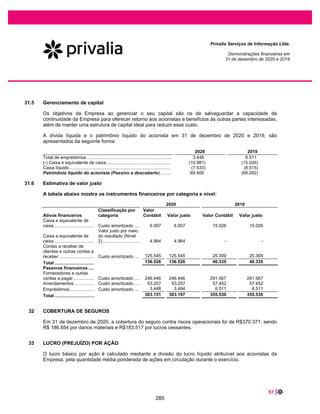 KPMG Auditores Independentes, uma sociedade simples brasileira e firma-
membro da rede KPMG de firmas-membro independentes e afiliadas à KPMG
International Cooperative (“KPMG International”), uma entidade suíça.
KPMG Auditores Independentes, a Brazilian entity and a member firm of the
KPMG network of independent member firms affiliated with KPMG
International Cooperative (“KPMG International”), a Swiss entity.

Reconhecimentodareceita
Vernotaexplicativanº6.14e25àsdemonstraçõesfinanceiras
PorqueéumPAA Comonossaauditoriaconduziuesseassunto
AsreceitasdaPrivaliasãooriginadasessencialmente
pelarevendadegrandediversidadedeprodutosde
váriasmarcasediversidadedesegmentospormeiode
suaplataformadeeͲcommerce,adquiridosaum
conjuntopulverizadodefornecedores.
Adeterminaçãodomomentoemqueocorrea
transferênciadecontroledessesprodutose,
consequentemente,oreconhecimentodareceitade
acordocomoCPC47–Receitadecontratocomcliente
(IFRS15–Revenuefromcontractwithcustomer)envolve
julgamento,naavaliação:
x seanaturezadapromessaéumaobrigaçãode
performanceparafornecerosprópriosbens(ou
seja,aEmpresaéprincipal)ouparaorganizarpara
queessesbenssejamfornecidosporoutraparte
(ouseja,aEmpresaéagente),principalmente,na
determinaçãoseaEmpresaobtémocontroledos
produtosantesdeseremtransferidosparao
clientefinal.
x deindicadoresnadeterminaçãodomomentodo
tempoemqueaobrigaçãodeperformanceé
satisfeita.
Emfunçãodosaspectosmencionadosacimapoderem
impactardeformarelevanteomontanteeomomento
dereconhecimentodareceitae,consequentemente,as
demonstraçõesfinanceirascomoumtodo,
consideramosesseassuntosignificativoparaanossa
auditoria.
Nossosprocedimentosdeauditoriaincluíram,masnão
selimitarama:
x Análise,embaseamostral,dostermose
condiçõesdoscontratoscomaspartesenvolvidas
nofornecimentodosprodutos,deformaaavaliar
seaEmpresaobtémocontroledosprodutos
antesqueelessejamtransferidosaosclientes(ou
seja,aEmpresaéprincipal);
x Análisedetendênciadasrelaçõesentreos
montantesdasvendas,cancelamentos,
devoluções,prazomédioderecebimentoegiro
dosestoques,atentandoparaeventuais
comportamentosnãoͲusuais,alémde
comparaçãodaexpectativadeprovisãode
devoluçõesecancelamentosdevendas
esperadas,realizadapelaEmpresa,comasua
respectivarealizaçãonoperíodosubsequenteao
encerramentodoexercício;
x Exame,embaseamostral,dadocumentação
suportedasentregasdosprodutos,deformaa
avaliarosindicadoresdatransferênciadecontrole
paradeterminaromomentoespecíficodotempo
dasatisfaçãodaobrigaçãodeperformance
(transferênciadecontroleaoclientefinal)e
reconhecimentodareceita,emespecialparaas
vendasrealizadasnofinaldoexercício;
x Avaliaçãoseasdivulgaçõesnasdemonstrações
financeirasconsideramasinformaçõesrelevantes,
emespecialasrelativasaosrequerimentosde
divulgaçãoespecíficosrelacionadasao
reconhecimentodareceita.
Nodecorrerdanossaauditoriaidentificamosajustes
que,apesardeimateriais,afetaramo
reconhecimentoeadivulgaçãodareceita,osquais
foramregistradosedivulgadospelaEmpresa.
Combasenasevidênciasobtidaspormeiodos
procedimentosacimaresumidos,consideramos
aceitáveloreconhecimentodareceitanocontexto
dasdemonstraçõesfinanceirastomadasem
conjuntorelativasaoexercíciofindoem31de
dezembrode2020.
239
 