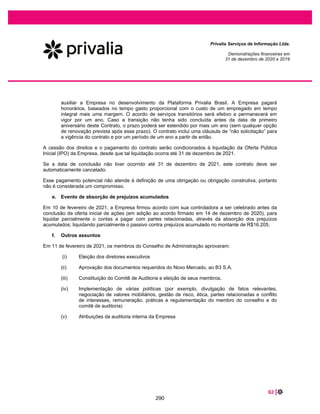 Privalia Serviços de Informação Ltda.
Demonstrações do resultado abrangente
Exercicios findos em 31 de dezembro de 2020 e 2019
(Em milhares de Reais)
2020 2019
(Prejuízo) lucro do exercício (14.374) 12.352
Outras receitas abrangentes, líquidas de imposto de renda e contribuição social - -
Resultado abrangente total (14.374) 12.352
As notas explicativas são parte integrante das demonstrações financeiras
16
244
 