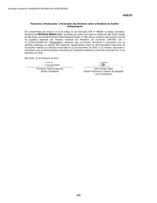 Privalia Serviços de Informação Ltda.
Demonstrações dos fluxos de caixa
(Em milhares de Reais)
Nota 2020 2019
Fluxo de caixa de atividades operacionais
(Prejuízo) lucro do exercício (14.374) 12.352
Ajustes para:
Depreciação 15 10.561 9.714
Amortização 14 683 776
Baixas de imobilizado 15 128 10
(Reversão) provisão de juros sobre empréstimos 23 (367) 455
Juros sobre arrendamentos 22 5.838 6.012
Multa e juros de mora 30 1.240 1.409
Provisões 21 2.260 2.619
(Reversão) provisão para contigencias 19 (118) 477
(Reversão) provisão para perdas de estoques 10 (1.106) (355)
Reversão de provisão de perdas por redução ao valor recuperável do contas a receber 9 (519) -
Variação cambial - fornecedores e outras contas a pagar 30 49.463 2.479
Receita de juros sobre créditos fiscais 11 (1.666) (1.871)
66.397 21.725
Variações em:
Contas a receber de clientes e outras contas a receber 9 (101.666) (21.129)
Estoques 10 28.873 (12.369)
Impostos a recuperar (11.818) (2.553)
Imposto de renda e contribuição social (2.093) 4
Outros ativos (12.042) 206
Depósitos judiciais (1.326) 69
Fornecedores e outras contas a pagar 16 e 22 53.469 18.773
Salários, férias e encargos sociais 17 2.421 751
Receita diferida 20 (685) (1.584)
Impostos a recolher 2.067 4.435
Pagamento de juros - empréstimos 23 (396) -
Pagamento de juros - arrendamentos 22 (5.643) (1.622)
Fluxo de caixa proveniente das atividades operacionais 3.184 19.058
Fluxo de caixa de atividades de investimento
Aquisição de imobilizado 15 (3.622) (6.404)
Aquisição de intangível 14 (1.009) (1.107)
Fluxo de caixa utilizados nas atividades de investimento (4.631) (7.511)
Fluxo de caixa de atividades de financiamento
Pagamentos de empréstimos 23 (3.840) -
Captação de empréstimos 23 7.500 -
Pagamento de arrendamentos - principal 22 (6.258) (9.765)
Fluxo de caixa utilizados nas atividades de financiamento (2.598) (9.765)
(Redução) aumento em caixa e equivalentes de caixa (4.045) 1.782
Caixa e equivalentes de caixa em 1º de janeiro 8 15.026 13.244
Caixa e equivalentes de caixa em 31 de dezembro 8 10.981 15.026
(Redução) aumento em caixa e equivalentes de caixa (4.045) 1.782
Operações que não afetam caixa e equivalentes de caixa
Remensuração do passivo do arrendamento / Adoção inicial CPC (06 R2)/ IFRS 16 22 1.868 62.827
Aumento de capital social com a empréstimos de partes relacionadas 23 - 22.234
Absorção de prejuízos acumulados 24 152.064 -
Baixa de contas a receber de clientes e outros recebíveis 9 - 5.403
As notas explicativas são parte integrante das demonstrações financeiras
Exercicios findos em 31 de dezembro de 2020 e 2019
1
246
 