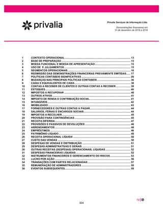 30 |
Privalia Serviços de Informação Ltda.
Demonstrações financeiras em
31 de dezembro de 2020 e 2019
Para contas a receber de clientes e outras contas a receber, o risco de crédito é mitigado uma vez que as
vendas da Empresa são realizadas substancialmente por meio de cartão de crédito, com garantia das
administradoras de cartão de crédito.
As perdas por redução ao valor recuperável nas contas a receber de clientes decorrem da diferença entre o
valor que a Empresa espera receber com base nas confirmações externas recebidas de administradoras de
cartão de crédito e os valores reconhecidos nas contas a receber de clientes pelas vendas do período.
A Empresa monitora o contas a receber de clientes e outras contas a receber, e provisões são constituídas
em montantes que a administração considera suficientes para cobrir as perdas de crédito esperadas.
A Empresa realiza antecipações de recebíveis de cartão de crédito. As taxas aplicadas com estas
transações são registadas como despesas financeiras nas demonstrações dos resultados e são
considerados como atividade operacional nas demonstrações dos fluxos de caixa.
6.4 Estoques
O custo é determinado pelo “custo médio ponderado” e é mensurado pelo menor entre o custo e o valor
realizável líquido.
Em caso de perda por redução ao valor recuperável, ela é reconhecida imediatamente no resultado como
custo das vendas.
A Empresa considera as características específicas de cada categoria de estoque para determinar a
provisão para perdas de estoque, tais como os indicadores de giro lento para os últimos 6 meses ou
mais, finalidade dos estoques (por exemplo, estoque em liquidação “clearance”) e condições dos
estoques (por exemplo, produto avariados), entre outros
6.5 Imobilizado
(i) Reconhecimento e mensuração
Os itens do imobilizado são demonstrados ao custo histórico de aquisição menos o valor da depreciação
e de qualquer perda não recuperável acumulada.
O custo histórico inclui os gastos diretamente atribuíveis à aquisição dos itens e também pode incluir
transferências do patrimônio de quaisquer ganhos/perdas. O custo histórico também inclui os custos de
financiamento relacionados com a aquisição de ativos qualificadores.
(ii) Custos subsequentes
Os custos subsequentes são capitalizados apenas quando for provável que benefícios econômicos
futuros associados aos gastos serão auferidos pela Empresa. Reparos e manutenções em andamento
são contabilizados como despesas conforme incorridos.
258
 