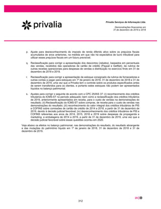 38 |
Privalia Serviços de Informação Ltda.
Demonstrações financeiras em
31 de dezembro de 2020 e 2019
Não se espera que as seguintes normas novas e interpretações tenham um impacto significativo nas
demonstrações financeiras da Empresa.
x Concessões de Aluguel relacionadas ao COVID-19 (Alterações ao CPC 06/IFRS 16);
x Imobilizado: Receitas antes do uso pretendido (Alterações ao CPC 27/IAS 16);
x Referência à Estrutura Conceitual (Alterações a CPC 15/IFRS 3); e
x Classificação do Passivo em Circulante ou Não Circulante (Alterações a CPC 26/IAS 1).
8 CAIXA E EQUIVALENTE DE CAIXA
2020 2019
Caixa e bancos....................................................................................................... 10 10
Aplicações financeiras............................................................................................ 10.971 15.016
Total....................................................................................................................... 10.981 15.026
Caixa e equivalentes de caixa incluem caixa, depósitos bancários e investimentos de curto prazo
resgatáveis em até 90 dias da data do investimento, de alta liquidez ou conversíveis em um montante
conhecido de caixa e sujeitos a variação imaterial de valor, que são registrados ao custo acrescido dos
rendimentos obtidos até o final do exercício e não excedam seus valores justos ou de realização.
Em 31 de dezembro de 2020, o montante de R$6.007 (R$15.016 em 31 de dezembro de 2019) era de
aplicações indexadas ao CDI, com remuneração média mensal de 2% do CDI. Ainda em 31 de dezembro
de 2020, o montante de R$4.964 era de aplicações em Certificados de Depósitos Bancários remunerados
à taxa média de 101,5% do CDI.
As informações sobre a exposição da Empresa aos riscos de crédito e de mercado e sobre a mensuração
ao valor justo estão incluídas na nota 31.
266
 
