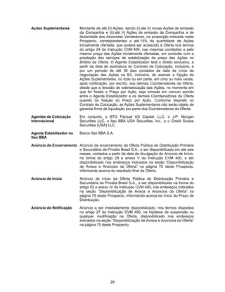 28
Ações Suplementares Montante de até [•] Ações, sendo (i) até [•] novas Ações de emissão
da Companhia e (ii) até [•] Ações de emissão da Companhia e de
titularidade dos Acionistas Vendedores, na proporção indicada neste
Prospecto, correspondentes a até 15% da quantidade de Ações
inicialmente ofertada, que poderá ser acrescido à Oferta nos termos
do artigo 24 da Instrução CVM 400, nas mesmas condições e pelo
mesmo preço das Ações inicialmente ofertadas, em conexão com a
prestação dos serviços de estabilização de preço das Ações no
âmbito da Oferta. O Agente Estabilizador terá o direito exclusivo, a
partir da data de assinatura do Contrato de Colocação, inclusive, e
por um período de até 30 dias contados da data de início da
negociação das Ações na B3, inclusive, de exercer a Opção de
Ações Suplementares, no todo ou em parte, em uma ou mais vezes,
após notificação, por escrito, aos demais Coordenadores da Oferta,
desde que a decisão de sobrealocação das Ações, no momento em
que for fixado o Preço por Ação, seja tomada em comum acordo
entre o Agente Estabilizador e os demais Coordenadores da Oferta
quando da fixação do Preço por Ação. Conforme disposto no
Contrato de Colocação, as Ações Suplementares não serão objeto de
garantia firme de liquidação por parte dos Coordenadores da Oferta.
Agentes de Colocação
Internacional
Em conjunto, o BTG Pactual US Capital, LLC, o J.P. Morgan
Securities LLC, o Itau BBA USA Securities, Inc., e o Credit Suisse
Securities (USA) LLC.
Agente Estabilizador ou
Itaú BBA
Banco Itaú BBA S.A.
Anúncio de Encerramento Anúncio de encerramento da Oferta Pública de Distribuição Primária
e Secundária da Privalia Brasil S.A., a ser disponibilizado em até seis
meses, contados a partir da data de divulgação do Anúncio de Início,
na forma do artigo 29 e anexo V da Instrução CVM 400, a ser
disponibilizado nos endereços indicados na seção “Disponibilização
de Avisos e Anúncios da Oferta” na página 75 deste Prospecto,
informando acerca do resultado final da Oferta.
Anúncio de Início Anúncio de início da Oferta Pública de Distribuição Primária e
Secundária da Privalia Brasil S.A., a ser disponibilizado na forma do
artigo 52 e anexo IV da Instrução CVM 400, nos endereços indicados
na seção “Disponibilização de Avisos e Anúncios da Oferta” na
página 75 deste Prospecto, informando acerca do início do Prazo de
Distribuição.
Anúncio de Retificação Anúncio a ser imediatamente disponibilizado, nos termos dispostos
no artigo 27 da Instrução CVM 400, na hipótese de suspensão ou
qualquer modificação na Oferta, disponibilizado nos endereços
indicados na seção “Disponibilização de Avisos e Anúncios da Oferta”
na página 75 deste Prospecto.
 