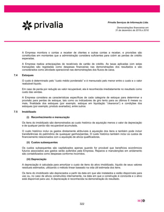 48 |
Privalia Serviços de Informação Ltda.
Demonstrações financeiras em
31 de dezembro de 2020 e 2019
21 PROVISÕES E PASSIVOS DE DEVOLUÇÕES
2020 2019
Passivos de devoluções (*) ......................................................................................... 9.478 7.166
Provisão para honorários advocatícios........................................................................ 1.308 1.360
Total............................................................................................................................ 10.786 8.526
Circulante .................................................................................................................... 9.478 7.166
Não circulante.............................................................................................................. 1.308 1.360
(*) Refere-se as provisões para devolução de mercadorias de clientes.
22 ARRENDAMENTOS
2020 2019
Arrendamentos ............................................................................................................ 53.257 57.452
Total............................................................................................................................ 53.257 57.452
Circulante .................................................................................................................... 6.908 5.935
Não circulante.............................................................................................................. 46.349 51.517
Reconciliação dos fluxos de caixa decorrentes de atividades de financiamento:
Saldo em 1º de janeiro de 2019 ..................................................................................... 62.827
(-) Pagamento................................................................................................................... (9.765)
(-) Pagamento de juros sobre arrendamento.................................................................... (1.622)
(+) Juros sobre arrendamento .......................................................................................... 6.012
Saldo em 31 de dezembro de 2019................................................................................ 57.452
(+)Remensuração do passivo de arrendamento devido a uma mudança nos
pagamentos futuros do arrendamento decorrentes de mudança no índice...................... 1.868
(-) Pagamento de arrendamento....................................................................................... (6.258)
(-) Pagamento de juros sobre arrendamento.................................................................... (5.643)
(+) Juros sobre arrendamento .......................................................................................... 5.838
Saldo em 31 de dezembro de 2020................................................................................ 53.257
O fluxo nominal (não descontado) dos contratos de arrendamento por prazo de vencimento, estão
organizados na seguinte forma:
Vencimento do contrato
Data de vencimento .......................................................................................
2021............................................................................................................... 11.900
2022............................................................................................................... 11.900
2023............................................................................................................... 11.357
2024............................................................................................................... 9.728
2025 em diante .............................................................................................. 28.530
Valores não descontados – Direito de uso..................................................... 73.415
276
 