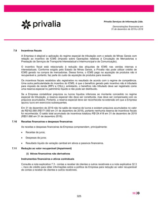 51 |
Privalia Serviços de Informação Ltda.
Demonstrações financeiras em
31 de dezembro de 2020 e 2019
25 RECEITA OPERACIONAL LÍQUIDA
2020 2019
Receita operacional bruta.....................................................................................
Vendas de mercadorias........................................................................................... 1.204.355 955.851
Receita de frete ....................................................................................................... 79.515 60.560
Receita de serviços (Premium)................................................................................ 2.987 1.946
Receita bruta de vendas ....................................................................................... 1.286.857 1.018357
Descontos e devoluções.......................................................................................... (143.912) (114.643)
Impostos sobre vendas............................................................................................ (216.675) (163.179)
Deduções da receita.............................................................................................. (360.587) (277.822)
Receita operacional líquida .................................................................................. 926.270 740.535
26 CUSTO DAS VENDAS
2020 2019
Custo de revenda de mercadorias...................................................................... (617.223) (486.931)
Custo dos serviços prestados de fretes.............................................................. (78.526) (61.538)
Outros custos (*)................................................................................................. (6.847) (3.064)
Total................................................................................................................... (702.596) (551.533)
(*) Refere-se ao custo com embalagens e provisão para desvalorização de estoque (ver nota 6.4)
27 DESPESAS DE VENDAS E DISTRIBUIÇÃO
2020 2019
Serviços de armazenagem (*) ....................................................................................... (55.188) (45.321)
Depreciação do direito de uso ....................................................................................... (6.953) (6.651)
Comissão de cartão de crédito ...................................................................................... (21.038) (15.985)
Publicidade e marketing ................................................................................................ (8.576) (15.014)
Royalties para fornecedores.......................................................................................... (6.760) (2.190)
Total.............................................................................................................................. (98.515) (85.161)
(*) Refere-se às despesas associadas serviços com o operador logístico como movimentação e armazenamento logístico, segurança, relacionado ao
centro de distribuição.
279
 