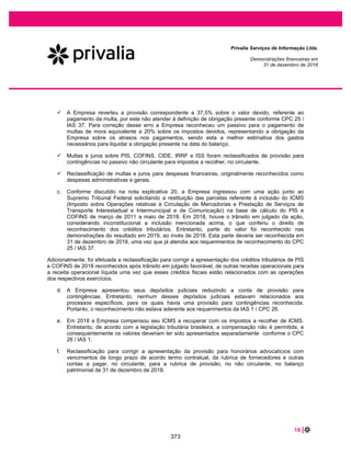 34 |
Privalia Serviços de Informação Ltda.
Demonstrações financeiras em
31 de dezembro de 2019 e 2018
(ii) Ativos não financeiros
Os valores contábeis dos ativos não financeiros da Empresa, exceto estoques e impostos diferidos ativos,
são revisados a cada data de balanço para determinar se há indicação de redução ao valor recuperável.
Caso ocorra tal indicação, então o valor recuperável do ativo é estimado.
7.12 Mensuração do valor justo
Valor justo é o preço que seria recebido na venda de um ativo ou pago pela transferência de um passivo
em uma transação ordenada entre participantes do mercado na data de mensuração, no mercado
principal ou, na sua ausência, no mercado mais vantajoso ao qual a Empresa tem acesso nessa data. O
valor justo de um passivo reflete o seu risco de descumprimento (non-performance).
A mensuração do valor justo, tanto para os passivos financeiros como não financeiros está descrita na
nota 4(i).
7.13 Receita operacional
O CPC 47/ IFRS 15 estabelece uma estrutura abrangente para determinar se, quanto e quando a receita
é reconhecida. De acordo com o CPC 47/ IFRS 15, a receita é reconhecida quando um cliente obtém o
controle dos bens ou serviços.
A norma requer que as entidades exerçam julgamento, levando em consideração todos os fatos e
circunstâncias relevantes ao aplicar cada etapa do modelo aos contratos com seus clientes. A norma traz
o princípio de que a entidade deve reconhecer receitas à medida que as obrigações de desempenho são
satisfeitas e é operacionalizado por um modelo de 5 passos para reconhecimento e mensuração: (1)
Identificação de contratos com os clientes; (2) identificação das obrigações de desempenho previstas nos
contratos; (3) determinação do preço da transação; (4) alocação do preço da transação de obrigação de
desempenho prevista nos contratos e (5) reconhecimento da receita quando (ou à medida que) a
entidade atender uma obrigação de desempenho.
Venda de mercadorias através do e-commerce
A Empresa opera com comércio eletrônico por meio do site (www.privalia.com.br / www.privalia.com
redirecionado para br.privalia.com), e aplicativo móvel para todo mercado brasileiro. A Empresa
reconhece a receita de vendas de produtos em base bruta, uma vez que atua como principal e, como tal,
tem a responsabilidade primária pelo cumprimento dos pedidos, arca com o risco de estoque, tem poder
discricionário no estabelecimento de preços e arca com o risco de crédito do cliente.
Os contratos da Empresa com clientes para vendas de produtos geralmente incluem uma obrigação de
desempenho. A Empresa concluiu que a receita de vendas de produtos deve ser reconhecida no
momento em que o controle do ativo é transferido para o cliente, geralmente quando os produtos são
entregues no destino escolhido pelo comprador.
Produtos ou serviços faturados ou com ordem de pedidos, no qual serão entregues futuramente e que o
método de pagamento é através do cartão de crédito; são reconhecidos como passivo até que a
obrigação de performance seja concluída.
326
 