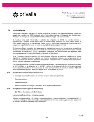 49 |
Privalia Serviços de Informação Ltda.
Demonstrações financeiras em
31 de dezembro de 2019 e 2018
Em 31 de dezembro de 2019, a Empresa reconheceu despesas relacionadas a contratos que não
atenderam aos critérios para serem reconhecidos como direito de uso (ou seja, a Empresa não tem o
direito de controlar ativos identificados) e contratos isentos (por exemplo, contratos de curto prazo e de
baixo valor)). As despesas totalizam R$7.410 e foram registradas como despesas de vendas e
distribuição nas demonstrações do resultado.
Em 31 de dezembro de 2018, considerando todos os contratos cobertos pelo CPC 06/ IAS 17 (R1), o
valor de R$44.446 foi reconhecido nas demonstrações de resultados, nas despesas de vendas e
distribuição e nas despesas administrativas e gerais
24 EMPRÉSTIMOS
2019 2018
Empréstimos com partes relacionadas (a) ................................................................ 6.511 25.386
Juros sobre empréstimos ......................................................................................... - 2.904
Total.......................................................................................................................... 6.511 28.290
Circulante .................................................................................................................. - -
Não circulante............................................................................................................ 6.511 28.290
(a) Refere-se a um contrato de empréstimo com a Privalia Espanha com renovação automática assinado em dezembro de 2015 a uma taxa de juros
de 4,90% ao ano, e com vencimento em 31 de dezembro de 2021. Em 13 de dezembro de 2019, a controladora da Empresa optou por aumentar o
capital no valor de R$22.234. O valor em 31 de dezembro de 2019 refere-se aos juros do empréstimo que não foram capitalizados.
Reconciliação dos fluxos de caixa decorrentes de atividades de financiamento:
Saldos em 1º de janeiro de 2018 27.860
Juros sobre empréstimos 430
Saldos em 31 de dezembro de 2018 28.290
Juros sobre empréstimos 455
(-) Capitalização em empréstimo com partes relacionadas (22.234)
Saldos em 31 de dezembro de 2019 6.511
25 PATRIMÔNIO LÍQUIDO
Capital social
Em 13 de dezembro de 2019, os quotistas decidiram aumentar o capital de R$63.379 para R$85.613 em
ações ordinárias nominativas por meio da utilização de recursos provenientes da conversão de
empréstimos com partes relacionadas.
O capital social da Empresa em 31 de dezembro de 2019 e 2018 era de R$85.613 divididos em
85.612.814 ações ordinárias nominativas.
341
 