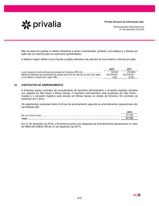 Privalia Serviços de Informação Ltda.
Demonstrações do valor adicionado
(Em milhares de Reais)
2018 2017
Nota
Receitas (1) 806.180 666.956
Vendas de produtos e serviços 753.248 666.439
Outras receitas 52.932 517
Insumos adquiridos de terceiros (2) 679.496 568.474
Custos dos produtos, das mercadorias e dos serviços vendidos 560.577 475.053
Materiais, energia, serviços de terceiros e outros 121.105 94.843
Outros (2.186) (1.422)
126.684 98.482
Valor adicionado bruto (1) - (2) = (3)
Depreciação e amortização (4) 15 e 16 1.383 1.072
Valor adicionado líquido produzido pela Entidade (3) - (4) = (5)
125.301 97.410
Valor adicionado recebido em transferência (6) 35.209 6.612
Receitas financeiras 30 35.209 6.612
Valor adicionado total a distribuir (5+6) 160.510 104.022
Distribuição do valor adicionado 160.510 104.022
Pessoal 32.276 27.585
Remuneração direta 24.013 20.318
Benefícios 6.052 4.860
F.G.T.S. 2.211 2.407
Impostos, taxas e contribuições 34.706 62.825
Federais 9.955 11.394
Estaduais 24.443 51.196
Municipais 308 235
Remuneração de capitais de terceiros 42.596 29.517
Juros 40.963 27.769
Aluguéis 1.633 1.748
Remuneração de capitais próprios 50.932 (15.905)
Lucros retidos 50.932 (15.905)
As notas explicativas são parte integrante das demonstrações financeiras
Exercicios findos em 31 de dezembro de 2018 e 2017
11
366
 