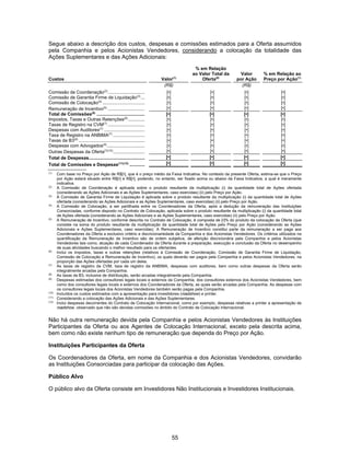 55
Segue abaixo a descrição dos custos, despesas e comissões estimados para a Oferta assumidos
pela Companhia e pelos Acionistas Vendedores, considerando a colocação da totalidade das
Ações Suplementares e das Ações Adicionais:
Custos Valor(1)
% em Relação
ao Valor Total da
Oferta(8)
Valor
por Ação
% em Relação ao
Preço por Ação(1)
(R$) (R$)
Comissão de Coordenação(2)
............................. [•] [•] [•] [•]
Comissão de Garantia Firme de Liquidação(3)
... [•] [•] [•] [•]
Comissão de Colocação(4)
................................. [•] [•] [•] [•]
Remuneração de Incentivo(5)
............................. [•] [•] [•] [•]
Total de Comissões(6)
...................................... [•] [•] [•] [•]
Impostos, Taxas e Outras Retenções(6)
............. [•] [•] [•] [•]
Taxas de Registro na CVM(7)
............................. [•] [•] [•] [•]
Despesas com Auditores(7)
................................ [•] [•] [•] [•]
Taxa de Registro na ANBIMA(7)
......................... [•] [•] [•] [•]
Taxas da B3(8)
.................................................... [•] [•] [•] [•]
Despesas com Advogados(9)
.............................. [•] [•] [•] [•]
Outras Despesas da Oferta(7)(10)
......................... [•] [•] [•] [•]
Total de Despesas............................................ [•] [•] [•] [•]
Total de Comissões e Despesas(11)(12)
............ [•] [•] [•] [•]
(1)
Com base no Preço por Ação de R$[•], que é o preço médio da Faixa Indicativa. No contexto da presente Oferta, estima-se que o Preço
por Ação estará situado entre R$[•] e R$[•], podendo, no entanto, ser fixado acima ou abaixo da Faixa Indicativa, a qual é meramente
indicativa.
(2)
A Comissão de Coordenação é aplicada sobre o produto resultante da multiplicação (i) da quantidade total de Ações ofertada
(considerando as Ações Adicionais e as Ações Suplementares, caso exercidas) (ii) pelo Preço por Ação.
(3)
A Comissão de Garantia Firme de Liquidação é aplicada sobre o produto resultante da multiplicação (i) da quantidade total de Ações
ofertada (considerando as Ações Adicionais e as Ações Suplementares, caso exercidas) (ii) pelo Preço por Ação.
(4)
A Comissão de Colocação, a ser partilhada entre os Coordenadores da Oferta, após a dedução da remuneração das Instituições
Consorciadas, conforme disposto no Contrato de Colocação, aplicada sobre o produto resultante da multiplicação (i) da quantidade total
de Ações ofertada (considerando as Ações Adicionais e as Ações Suplementares, caso exercidas) (ii) pelo Preço por Ação.
(5)
A Remuneração de Incentivo, conforme descrita no Contrato de Colocação, é composta de [•]% do produto da colocação da Oferta (que
consiste na soma do produto resultante da multiplicação da quantidade total de Ações pelo Preço por Ação (considerando as Ações
Adicionais e Ações Suplementares, caso exercidas). A Remuneração de Incentivo constitui parte da remuneração a ser paga aos
Coordenadores da Oferta a exclusivo critério e discricionariedade da Companhia e dos Acionistas Vendedores. Os critérios utilizados na
quantificação da Remuneração de Incentivo são de ordem subjetiva, de aferição discricionária pela Companhia e pelos Acionistas
Vendedores tais como, atuação de cada Coordenador da Oferta durante a preparação, execução e conclusão da Oferta no desempenho
de suas atividades buscando o melhor resultado para os ofertantes.
(6)
Inclui os impostos, taxas e outras retenções (relativos à Comissão de Coordenação, Comissão de Garantia Firme de Liquidação,
Comissão de Colocação e Remuneração de Incentivo), os quais deverão ser pagos pela Companhia e pelos Acionistas Vendedores, na
proporção das Ações ofertadas por cada um deles.
(7)
As taxas de registro da CVM, taxa de registro da ANBIMA, despesas com auditores, bem como outras despesas da Oferta serão
integralmente arcadas pela Companhia.
(8)
As taxas da B3, inclusive de distribuição, serão arcadas integralmente pela Companhia.
(9)
Despesas estimadas dos consultores legais locais e externos da Companhia, dos consultores externos dos Acionistas Vendedores, bem
como dos consultores legais locais e externos dos Coordenadores da Oferta, as quais serão arcadas pela Companhia. As despesas com
os consultores legais locais dos Acionistas Vendedores também serão pagas pela Companhia.
(10)
Incluídos os custos estimados com a apresentação para investidores (roadshow) e printer.
(11)
Considerando a colocação das Ações Adicionais e das Ações Suplementares.
(12)
Inclui despesas decorrentes do Contrato de Colocação Internacional, como por exemplo, despesas relativas a printer a apresentação de
roadshow, observado que não são devidas comissões no âmbito do Contrato de Colocação Internacional.
Não há outra remuneração devida pela Companhia e pelos Acionistas Vendedores às Instituições
Participantes da Oferta ou aos Agentes de Colocação Internacional, exceto pela descrita acima,
bem como não existe nenhum tipo de remuneração que dependa do Preço por Ação.
Instituições Participantes da Oferta
Os Coordenadores da Oferta, em nome da Companhia e dos Acionistas Vendedores, convidarão
as Instituições Consorciadas para participar da colocação das Ações.
Público Alvo
O público alvo da Oferta consiste em Investidores Não Institucionais e Investidores Institucionais.
 