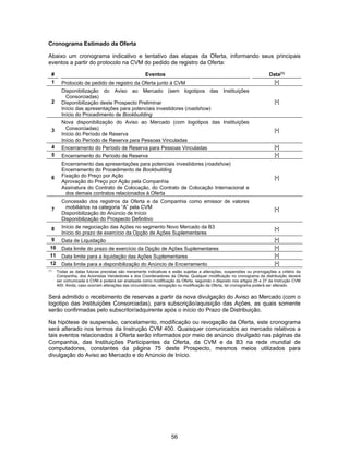 56
Cronograma Estimado da Oferta
Abaixo um cronograma indicativo e tentativo das etapas da Oferta, informando seus principais
eventos a partir do protocolo na CVM do pedido de registro da Oferta:
# Eventos Data(1)
1 Protocolo de pedido de registro da Oferta junto à CVM [•]
2
Disponibilização do Aviso ao Mercado (sem logotipos das Instituições
Consorciadas)
Disponibilização deste Prospecto Preliminar
Início das apresentações para potenciais investidores (roadshow)
Início do Procedimento de Bookbuilding
[•]
3
Nova disponibilização do Aviso ao Mercado (com logotipos das Instituições
Consorciadas)
Início do Período de Reserva
Início do Período de Reserva para Pessoas Vinculadas
[•]
4 Encerramento do Período de Reserva para Pessoas Vinculadas [•]
5 Encerramento do Período de Reserva [•]
6
Encerramento das apresentações para potenciais investidores (roadshow)
Encerramento do Procedimento de Bookbuilding
Fixação do Preço por Ação
Aprovação do Preço por Ação pela Companhia
Assinatura do Contrato de Colocação, do Contrato de Colocação Internacional e
dos demais contratos relacionados à Oferta
[•]
7
Concessão dos registros da Oferta e da Companhia como emissor de valores
mobiliários na categoria “A” pela CVM
Disponibilização do Anúncio de Início
Disponibilização do Prospecto Definitivo
[•]
8 Início de negociação das Ações no segmento Novo Mercado da B3
Início do prazo de exercício da Opção de Ações Suplementares
[•]
9 Data de Liquidação [•]
10 Data limite do prazo de exercício da Opção de Ações Suplementares [•]
11 Data limite para a liquidação das Ações Suplementares [•]
12 Data limite para a disponibilização do Anúncio de Encerramento [•]
(1)
Todas as datas futuras previstas são meramente indicativas e estão sujeitas a alterações, suspensões ou prorrogações a critério da
Companhia, dos Acionistas Vendedores e dos Coordenadores da Oferta. Qualquer modificação no cronograma da distribuição deverá
ser comunicada à CVM e poderá ser analisada como modificação da Oferta, seguindo o disposto nos artigos 25 e 27 da Instrução CVM
400. Ainda, caso ocorram alterações das circunstâncias, revogação ou modificação da Oferta, tal cronograma poderá ser alterado.
Será admitido o recebimento de reservas a partir da nova divulgação do Aviso ao Mercado (com o
logotipo das Instituições Consorciadas), para subscrição/aquisição das Ações, as quais somente
serão confirmadas pelo subscritor/adquirente após o início do Prazo de Distribuição.
Na hipótese de suspensão, cancelamento, modificação ou revogação da Oferta, este cronograma
será alterado nos termos da Instrução CVM 400. Quaisquer comunicados ao mercado relativos a
tais eventos relacionados à Oferta serão informados por meio de anúncio divulgado nas páginas da
Companhia, das Instituições Participantes da Oferta, da CVM e da B3 na rede mundial de
computadores, constantes da página 75 deste Prospecto, mesmos meios utilizados para
divulgação do Aviso ao Mercado e do Anúncio de Início.
 