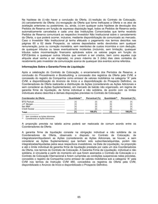 65
Na hipótese de (i) não haver a conclusão da Oferta, (ii) resilição do Contrato de Colocação,
(iii) cancelamento da Oferta; (iv) revogação da Oferta que torne ineficazes a Oferta e os atos de
aceitação anteriores ou posteriores; ou, ainda, (v) em qualquer outra hipótese de devolução dos
Pedidos de Reserva em função de expressa disposição legal, todos os Pedidos de Reserva serão
automaticamente cancelados e cada uma das Instituições Consorciadas que tenha recebido
Pedidos de Reserva comunicará ao respectivo Investidor Não Institucional sobre o cancelamento
da Oferta, o que poderá ocorrer, inclusive, mediante disponibilização de comunicado ao mercado.
Caso o Investidor Não Institucional já tenha efetuado o pagamento nos termos descritos nas
páginas 60 a 62 deste Prospecto, os valores depositados serão devolvidos sem qualquer
remuneração, juros ou correção monetária, sem reembolso de custos incorridos e com dedução,
de quaisquer tributos ou taxas eventualmente incidentes (incluindo, sem limitação, quaisquer
tributos sobre movimentação financeira aplicáveis sobre os valores pagos em função do
IOF/Câmbio e quaisquer outros tributos que venham a ser criados, bem como aqueles cuja
alíquota atual venha a ser majorada), no prazo máximo de 3 (três) dias úteis contados do
recebimento pelo investidor da comunicação acerca de quaisquer dos eventos acima referidos.
Informações Sobre a Garantia Firme de Liquidação
Após a celebração do Contrato de Colocação, o encerramento dos Períodos de Reserva, a
conclusão do Procedimento e Bookbuilding, a concessão dos registros da Oferta pela CVM, a
concessão do registro da Companhia como emissor de valores mobiliários na categoria “A” pela
CVM, a disponibilização do Anúncio de Início e a disponibilização do Prospecto Definitivo, os
Coordenadores da Oferta realizarão a distribuição de Ações (considerando as Ações Adicionais e
sem considerar as Ações Suplementares), em mercado de balcão não organizado, em regime de
garantia firme de liquidação, de forma individual e não solidária, de acordo com os limites
individuais abaixo descritos e demais disposições previstas no Contrato de Colocação:
Coordenador da Oferta Quantidade(1)
Percentual (%) Quantidade(2)
Percentual (%)
BTG Pactual...................................................... [•] [•] [•] [•]
J.P. Morgan....................................................... [•] [•] [•] [•]
Itaú BBA............................................................ [•] [•] [•] [•]
Credit Suisse .................................................... [•] [•] [•] [•]
Total.................................................................. [•] 100,0% [•] 100,0%
(1)
Sem considerar as Ações Adicionais.
(2)
Considerando as Ações Adicionais.
A proporção prevista na tabela acima poderá ser realocada de comum acordo entre os
Coordenadores da Oferta.
A garantia firme de liquidação consiste na obrigação individual e não solidária de os
Coordenadores da Oferta, observado o disposto no Contrato de Colocação, de
integralizarem/liquidarem as Ações (considerando as Ações Adicionais, se houver, e sem
considerar as Ações Suplementares) que tenham sido subscritas/adquiridas, porém não
integralizadas/liquidadas pelos seus respectivos investidores, na Data de Liquidação, na proporção
e até o limite individual de garantia firme de liquidação prestada por cada um dos Coordenadores
da Oferta, nos termos do Contrato de Colocação. A Garantia Firme de Liquidação, individual e não
solidária, é vinculante a partir do momento em que forem assinados o Contrato de Colocação e o
Contrato de Colocação Internacional e forem cumpridas as condições suspensivas neles previstas,
concedido o registro da Companhia como emissor de valores mobiliários sob a categoria “A” pela
CVM nos termos da Instrução CVM 480, concedidos os registros da Oferta pela CVM,
disponibilizado o Anúncio de Início e disponibilizado o Prospecto Definitivo.
 