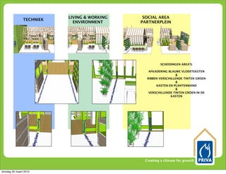 LIVING & WORKING    SOCIAL AREA
                TECHNIEK
                             ENVIRONMENT      PARTNERPLEIN




                                                        SCHEIDINGEN AREA’S:

                                                 AFKADERING BLAUWE VLOERTEKSTEN
                                                                &
                                                RIBBEN VERSCHILLENDE TINTEN GROEN
                                                                &
                                                     KASTEN EN PLANTENWAND
                                                                &
                                                 VERSCHILLENDE TINTEN GROEN IN DE
                                                             KASTEN




                                               Creating a climate for growth


dinsdag 30 maart 2010
 