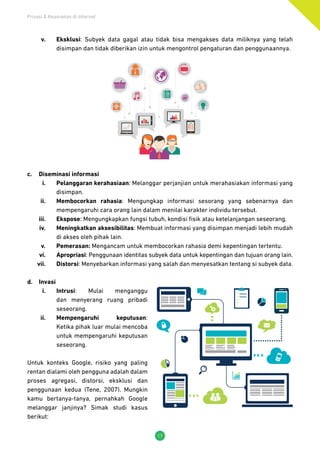 Privasi & Keamanan di Internet
17
v.	 Eksklusi: Subyek data gagal atau tidak bisa mengakses data miliknya yang telah
disimpan dan tidak diberikan izin untuk mengontrol pengaturan dan penggunaannya.
c.	 Diseminasi informasi
i.	 Pelanggaran kerahasiaan: Melanggar perjanjian untuk merahasiakan informasi yang
disimpan.
ii.	 Membocorkan rahasia: Mengungkap informasi sesorang yang sebenarnya dan
mempengaruhi cara orang lain dalam menilai karakter individu tersebut.
iii.	 Ekspose: Mengungkapkan fungsi tubuh, kondisi fisik atau ketelanjangan seseorang.
iv.	 Meningkatkan aksesibilitas: Membuat informasi yang disimpan menjadi lebih mudah
di akses oleh pihak lain.
v.	 Pemerasan: Mengancam untuk membocorkan rahasia demi kepentingan tertentu.
vi.	 Apropriasi: Penggunaan identitas subyek data untuk kepentingan dan tujuan orang lain.
vii.	 Distorsi: Menyebarkan informasi yang salah dan menyesatkan tentang si subyek data.
d.	 Invasi
i.	 Intrusi: Mulai menganggu
dan menyerang ruang pribadi
seseorang.
ii.	 Mempengaruhi keputusan:
Ketika pihak luar mulai mencoba
untuk mempengaruhi keputusan
seseorang.
Untuk konteks Google, risiko yang paling
rentan dialami oleh pengguna adalah dalam
proses agregasi, distorsi, eksklusi dan
penggunaan kedua (Tene, 2007). Mungkin
kamu bertanya-tanya, pernahkah Google
melanggar janjinya? Simak studi kasus
berikut:
 