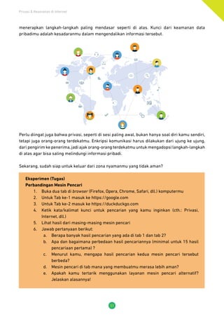 Privasi & Keamanan di Internet
31
menerapkan langkah-langkah paling mendasar seperti di atas. Kunci dari keamanan data
pribadimu adalah kesadaranmu dalam mengendalikan informasi tersebut.
Perlu diingat juga bahwa privasi, seperti di sesi paling awal, bukan hanya soal diri kamu sendiri,
tetapi juga orang-orang terdekatmu. Enkripsi komunikasi harus dilakukan dari ujung ke ujung,
dari pengirim ke penerima, jadi ajak orang-orang terdekatmu untuk mengadopsi langkah-langkah
di atas agar bisa saling melindungi informasi pribadi.
Sekarang, sudah siap untuk keluar dari zona nyamanmu yang tidak aman?
Eksperimen (Tugas)
Perbandingan Mesin Pencari
1.	 Buka dua tab di browser (Firefox, Opera, Chrome, Safari, dll.) komputermu
2.	 Untuk Tab ke-1 masuk ke https://google.com
3.	 Untuk Tab ke-2 masuk ke https://duckduckgo.com
4.	 Ketik kata/kalimat kunci untuk pencarian yang kamu inginkan (cth.: Privasi,
Internet, dll.)
5.	 Lihat hasil dari masing-masing mesin pencari
6.	 Jawab pertanyaan berikut:
a.	 Berapa banyak hasil pencarian yang ada di tab 1 dan tab 2?
b.	 Apa dan bagaimana perbedaan hasil pencariannya (minimal untuk 15 hasil
pencariaan pertama) ?
c.	 Menurut kamu, mengapa hasil pencarian kedua mesin pencari tersebut
berbeda?
d.	 Mesin pencari di tab mana yang membuatmu merasa lebih aman?
e.	 Apakah kamu tertarik menggunakan layanan mesin pencari alternatif?
Jelaskan alasannya!
 