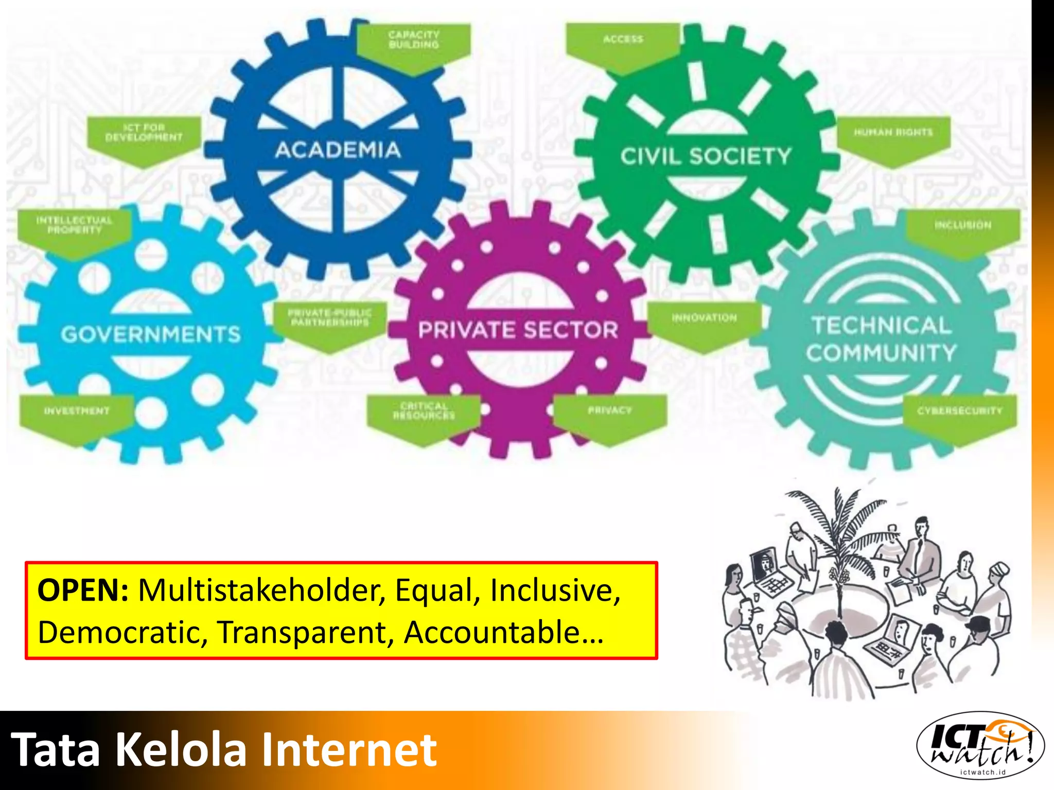 OPEN: Multistakeholder, Equal, Inclusive,
Democratic, Transparent, Accountable…
Tata Kelola Internet
 