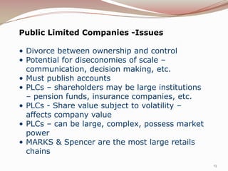 Public Limited Companies -Issues

• Divorce between ownership and control
• Potential for diseconomies of scale –
  communication, decision making, etc.
• Must publish accounts
• PLCs – shareholders may be large institutions
  – pension funds, insurance companies, etc.
• PLCs - Share value subject to volatility –
  affects company value
• PLCs – can be large, complex, possess market
  power
• MARKS & Spencer are the most large retails
  chains
                                                  13
 