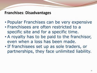 Franchises: Disadvantages

• Popular Franchises can be very expensive
• Franchisees are often restricted to a
  specific site and for a specific time.
• A royalty has to be paid to the franchisor,
  even when a loss has been made.
• If franchisees set up as sole traders, or
  partnerships, they face unlimited liability.



                                             18
 