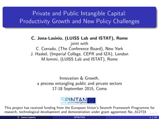 Private and Public Intangible Capital:
Productivity Growth and New Policy Challenges
C. Jona-Lasinio, (LUISS Lab and ISTAT), Rome
joint with
C. Corrado, (The Conference Board), New York
J. Haskel, (Imperial College, CEPR and IZA), London
M.Iommi, (LUISS Lab and ISTAT), Rome
Innovation & Growth,
a process entangling public and private sectors
17-18 September 2015, Como
This project has received funding from the European Union’s Seventh Framework Programme for
research, technological development and demonstration under grant agreement No. 612774
C. Jona-Lasinio SPINTAN 1 / 21
 