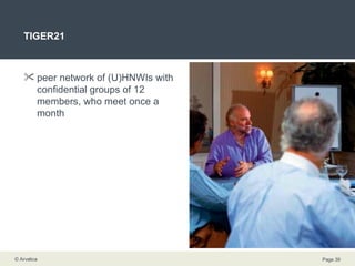 TIGER21 peer network of (U)HNWIs with confidential groups of 12 members, who meet once a month 