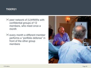 TIGER21 peer network of (U)HNWIs with confidential groups of 12 members, who meet once a month every month a different member performs a “portfolio defense” in front of the other group members 