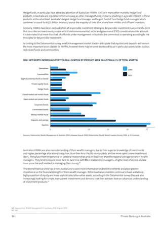 Hedge funds, in particular, have attracted attention of Australian HNWIs. Unlike in many other markets, hedge fund
products in Australia are regulated in the same way as other managed funds products, resulting in a greater interest in these
products at the retail level. Australia’s largest hedge fund manager and largest fund of fund hedge fund manager, which
combined account for A$20 billion in assets, source the majority of their allocations from HNWIs and afﬂuent investors.
Similarly, HNWIs have been early adoptors of responsible investment strategies. Responsible investment is an umbrella term
that describes an investment process which takes environmental, social and governance (ESG) considerations into account.
It is estimated that more than half of all funds under management in Australia are committed to operating according to the
Principles for Responsible Investment.
According to the Datamonitor survey, wealth management market leaders anticipate that equities and deposits will remain
the most important asset classes for HNWIs, however there may be some decreased focus in particular asset classes such as
real estate funds and commodities.

HIGH NET WORTH INDIVIDUALS PORTFOLIO ALLOCATION BY PRODUCT AREA IN AUSTRALIA (% OF TOTAL ASSETS)

Derivatives

2009

Commodities

2011

Capital-protected funds or bonds
Private equity funds
Hedge funds
Closed-ended real-estate funds
Open-ended real-estate funds
Corporate bonds
Government bonds
Money market funds
Deposits and savings
Equities

0

5

10

15

20

25

Sources: Datamonitor Wealth Management in Australia 2009 (released August 2009)/Datamonitor Wealth Market Leaders Survey, 2009, p.18; Austrade

Australian HNWIs are also more demanding of their wealth managers, due to their superior knowledge of investments
and higher percentage allocations to equities, than their Asia- Paciﬁc counterparts, and are more open to new investment
ideas. They place more importance on personal relationships and are less likely than the regional average to switch wealth
managers. They tend to require more face-to-face time with their relationship managers, a higher level of service and are
more proactive and involved in managing their money.18
The recent ﬁnancial crisis has driven Australians to seek more information on their investments and place greater
importance on the ﬁnancial strength of their wealth manager. While Australian investors continue to have a relatively
high proportion of equity and more sophisticated alternative assets, according to the Datamonitor survey they are also
increasingly looking for simple, transparent investments and demand that their advisors have an advanced understanding
of investment products.19

18 Datamonitor, Wealth Management in Australia 2009, August 2009.
19 Ibid.

14

Private Banking in Australia

 