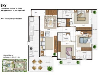 SKY
Cobertura 4 quartos, all suites
ÁREA PRIVATIVA TOTAL: 197,21m²
Área privativa 1º pav: 97,65m²
Blocos 01 e 04
Colunas 01, 02, 05 e 06.
 