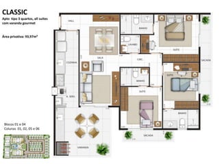 CLASSIC
Apto tipo 3 quartos, all suites
com varanda gourmet
Área privativa: 93,97m²
Blocos 01 e 04
Colunas 01, 02, 05 e 06
 