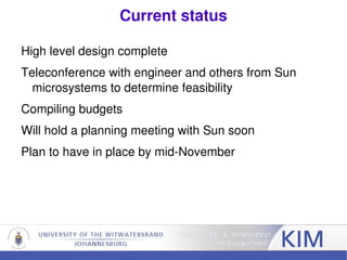 Private cloud infrastructure Use in establishing digital archive Compute cloud Storage cloud Robotic tape library Digital archive Virtualization OS: Ubuntu? Fedora iRODS Chisimba DSPACE IRODS rules Ingest Source artifacts Digital conversion Remote site Ingest Source artifiacts Digital conversion IRODS rules Remote site Born digital Docs Audio Video etc FS: ZFS? 