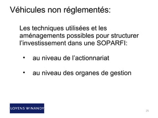 Véhicules non réglementés: Les techniques utilisées et les aménagements possibles pour structurer l’investissement dans une SOPARFI: au niveau de l’actionnariat au niveau des organes de gestion 