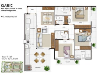CLASSIC
Apto tipo 3 quartos, all suites
com varanda gourmet
Área privativa: 93,97m²
Blocos 01 e 04
Colunas 01, 02, 05 e 06
 