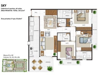 SKY
Cobertura 4 quartos, all suites
ÁREA PRIVATIVA TOTAL: 197,21m²
Área privativa 1º pav: 97,65m²
Blocos 01 e 04
Colunas 01, 02, 05 e 06.
 