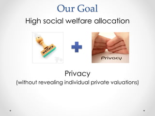 Our Goal
High social welfare allocation
Privacy
(without revealing individual private valuations)
 