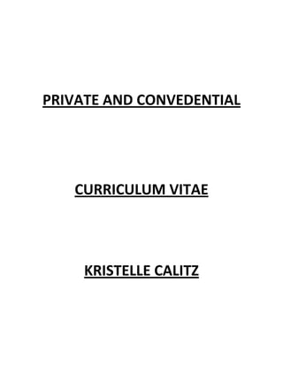      <br />PRIVATE AND CONVEDENTIAL<br />CURRICULUM VITAE<br />KRISTELLE CALITZ<br />PERSONAL INFORMATION<br />SURNAME:Calitz<br />FIRST NAME:Kristelle<br />ID NUMBER:840416 016 2 083<br />CELL NUMBER:083 407 6793<br />RESIDENTIAL ADDRESS:29 Fusion road<br />Casseldale<br />Springs<br />GENDER:Female<br />MARITAL STATUS:Married<br />CHILDREN:One<br />DRIVERS LICENCE:Code 10<br />NATIONALITY:South African<br />HOME LANGUAGE:Afrikaans<br />OTHER LANGUAGES:English<br />HEALTH:Excellent<br />EDUCATION<br />HIGH SCHOOL:Hugenote High School<br />HIGHEST GRADE :Grade 12<br />YEAR COMPLETED:2002<br />SUBJECTS:Afrikaans<br />:English<br />:Typing<br />:Accounting<br />:Business Accounting<br />:Biology<br />COURSSES:Windows 2003, 2004, 2006, 2007<br />COMPLETE:XP Professional<br />:Lotus Notes 2, 3, 4<br />:Corel 10, 11<br />:Pastel Accounting and Payroll<br />:Microsoft Excel, Word, Outlook<br />:PowerPoint<br />:JD Edwards<br />EMPLOYMENT HISTORY<br />NAME OF COMPANY:Elementsix<br />POSITION HELD:QC Inspector / Data Capturer<br />RESPONSIBILITIES:Inspecting of powders and PRE-Synthesis<br />Components<br />:Capturing data on JDE, MS Word, Excel<br />:Answering of telephone<br />PERIOD:2004-01-14 to 2005-06-15<br />REASON FOR LEAVING::Retrenchment<br />NAME OF COMPANY:RJ Electrical<br />POSITION HELD:Personal Assistant<br />RESPONSIBILITIES:Typing<br />:Handling and processing of invoices<br />:Handling of employee clock cards<br />:Filing / Faxing<br />:Supervising of employees<br />PERIOD:2005-09-04 to 2006-05-10<br />REASON FOR LEAVING::Better career opportunities<br />NAME OF COMPANY:G Vorster and Company<br />POSITION HELD:Admin Clerk<br />RESPONSIBILITIES:Answering of telephones<br />:Filing and Faxing of documents<br />:Cashbook Debit and Credit entry<br />:Answering of telephone<br />:Typing of documents / Capturing data<br />PERIOD:2006-02-07 to 2007-11 30<br />REASON FOR LEAVING::2 Months Pregnant <br />I am a passionate, dedicated and hardworking person with the ability to give effort to my tasks.  I am also reliable, thorough and unafraid of challenges.  My time as a student has taught me to cope under pressure, to interact affectively with others, to plan and organize, and to analyze situations in critical and creative ways.<br />Yours Truly<br />Kristelle Calitz<br />