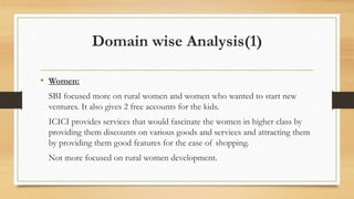 Domain wise Analysis(1)
• Women:
SBI focused more on rural women and women who wanted to start new
ventures. It also gives 2 free accounts for the kids.
ICICI provides services that would fascinate the women in higher class by
providing them discounts on various goods and services and attracting them
by providing them good features for the ease of shopping.
Not more focused on rural women development.
 