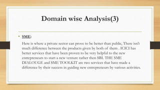 Domain wise Analysis(3)
• SME:
Here is where a private sector can prove to be better than public, There isn’t
much difference between the products given by both of them . ICICI has
better services that have been proven to be very helpful to the new
entrepreneurs to start a new venture rather then SBI. THE SME
DIALOUGE and SME TOOLKIT are two services that have made a
difference by their success in guiding new entrepreneurs by various activities.
 