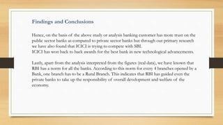 Hence, on the basis of the above study or analysis banking customer has more trust on the
public sector banks as compared to private sector banks but through our primary research
we have also found that ICICI is trying to compete with SBI.
ICICI has won back to back awards for the best bank in new technological advancements.
Lastly, apart from the analysis interpreted from the figures (real data), we have known that
RBI has a norm for all the banks. According to this norm for every 4 branches opened by a
Bank, one branch has to be a Rural Branch. This indicates that RBI has guided even the
private banks to take up the responsibility of overall development and welfare of the
economy.
Findings and Conclusions
 