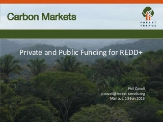 Forest Trends REDD+ Expenditures Tracking
Carbon Markets
Private and Public Funding for REDD+
Phil Covell
pcovell@forest-trends.org
Manaus, 15 Jun 2013
 