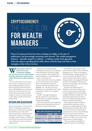 Vertragsmuster zur Begutachtung
10 | January 2018 | Private Banker International
feature | cryptocurrency
W
ealth managers and private
banks have reacted to
‘cryptomania’ in diferent
ways, but there is consensus that blockchain
technology, which drives cryptocurrencies,
could revolutionise the wealth management
sector.
In terms of those players in the fast lane
when it comes to cryptocurrencies, Swiss
private banking giant Falcon stands out.
Falcon has become the irst Swiss private
bank to ofer blockchain asset management
solutions for its clients. But is this a one-
of attempt for private banks and wealth
managers to venture into cryptocurrencies,
or will it spark a precedent for the private
banking world?
BITCOIN AND BLOCKCHAIN
At the time of writing on 11 January 2018,
Bitcoin – the bellwether cryptocurrency –
plummeted to $13,864 after news emerged
that South Korea, one of the world’s
largest cryptomarkets, was planning to ban
cryptocurrency trading on its exchanges,
according to industry website coinmarketcap.
com. However, this comes after a period of
much volatility and a surge in the value of
cryptocurrencies.
Blockchain is the distributed ledger
technology behind cryptocurrencies, allowing
market participants to keep track of digital
currency transactions. his is diferent from
traditional databases, as distributed ledgers do
not have a central data store.
Falcon currently ofers clients the possibility
to invest in four cryptocurrencies: Bitcoin,
Bitcoin Cash, Ethereum and Litecoin.
he bank’s chief investment oicer, Stefan
Bollhalder, says: “We take the view that
blockchain assets will probably remain volatile
and therefore continue to be a speculative
investment.”
He adds: “he biggest advantage [of
ofering cryptocurrency investments] is
that our clients get an additional portfolio
diversiication possibility.”
He also notes there has been less paperwork
for Falcon clients following the provision of
blockchain investment opportunities.
Nael Shahbaz, wealth manager at Swiss
robo-advice irm SAMT AG Asset and Wealth
Management, says: “With the cryptography
[behind blockchain], banking operations will
run much smoother and eiciently. here is
still a lot of paperwork involved in [private]
banking operations. Cryptography will replace
all of that, and hopefully it will also reduce
fraud since the open ledger style of operations
brings more transparency.”
He expects the implementation of
blockchain in the private banking sector to
continue, citing a remittance partnership
between hailand’s Siam Commercial Bank
and Japan’s SBI Remit. In August 2017, the
Asian banks partnered with each other to
launch its irst Ripple blockchain-powered
payment with Japan and hailand.
But not all private banks are bullish on
using blockchain technology to provide
cryptocurrency trading opportunities. RBC
Wealth Management says that while several
of its advisory clients have enquired about
cryptocurrencies, it does not see itself ofering
the services any time in the near future.
Despite “trading beneits such as anonymity
and low costs”, RBC sees more risk in using
cryptocurrencies in private banking.
“We cannot take the unhackability of
blockchain for granted,” says Frédérique
cryptocurrency:
the race is on
for wealth
managers
Prices of cryptocurrencies have been reaching new highs, at the time of
publication, and increasingly attracting client interest. he wealth management
industry – typically steeped in tradition – is taking a multi-track approach,
with some players speeding ahead while others avoid the hype and stick to their
strategies, writes Saloni Sardana
BANKS USING BLOCKCHAIN BASED SOLUTIONS
bank Country Date
Siam Commercial Bank Thailand June 2017
SBI Remit Japan June 2017
Falcon Private Bank Switzerland August 2017
Source: Private Banker Internaional
Vertragsmuster zur Begutachtung
 