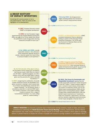 12 PRIVATE CAPITAL, PUBLIC GOOD
1950
Following WWII, the US government
began providing political risk insurance to
private investors doing business abroad.
1960
1970
1980
1990
2010
In 1961, President Kennedy created
USAID to fund global development.
In 1968, the Ford Foundation began
experimenting with Program-Related Investments
(PRIs; see page 24 for further detail) that offered
the potential for social change while returning
investment principal for future use.16
Investing with social purpose is not a
new phenomenon. Here are some of the
highlights of its development.
In 1971, as international aid grew, USAID
incubated development finance operations,
leading to creation of the Overseas Private
Investment Corporation. The 1970s also
saw the launch of Grameen Bank and the
microfinance industry.17
In the 1980s and 1990s, socially
responsible investors—who attempt to
avoid investments deemed harmful to
society—diverted capital from South Africa
to pressure leaders to end apartheid.18
In 1994, Congress passed the Riegle
Community Development and Regulatory
Improvement Act, which promoted access to
capital and local economic growth via community
development financial institutions (CDFIs).19
By the first decade of the 21st century,
the Foundation Center tracked 427 foundations
that financed nearly 4,000 PRIs for a total of
over $3 billion—significant progress, but still a
fraction of the more than $200 billion in grants
given over the period by the nation’s top 100
foundations.20,21
In 2007, recognizing this proliferation of socially
minded investment activity, the Rockefeller Foun-
dation convened a meeting in which several lead-
ers in finance and philanthropy coined the term
“impact investing.”23
As The Monitor Group, a
consultancy, observed in a seminal 2009 report,
this marked a transition in the impact investing
industry’s evolution from a stage of
“uncoordinated innovation” to a more unified
phase of “market building.”24
By 2012, The Forum for Sustainable and
Responsible Investment reported that the
socially responsible investment market had grown
to over $3.7 trillion.22
Impact investors began to
work in concert to build industry infrastructure
and centers of investment activity, such as the
Global Impact Investing Network (GIIN) and the
Global Impact Investing Rating System (GIIRS).
Through these market-building efforts, GIIN has
defined impact investments as “investments
made into companies, organizations, and funds
with the intention to generate social and environ-
mental impact alongside a financial return.”25
A BRIEF HISTORY
OF IMPACT INVESTING
IMPACT INVESTING has become a popular topic of discussion among investors, heads of state, and social
entrepreneurs attending the World Economic Forum Annual Meeting in Davos, Switzerland. And the Obama
Administration has made impact investing a central feature of its Power Africa initiative, which seeks to leverage
billions in private finance to double the number of people with access to energy systems in sub-Saharan Africa.26
2000
1986 The Low-Income Housing Tax Credit
2000 The New Market Tax Credit
1958 Small Business Investment Company
2012 First Social Impact Bond in the US
1977 Community Reinvestment Act
2007
 