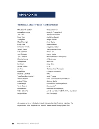 44 PRIVATE CAPITAL, PUBLIC GOOD
US National Advisory Board Membership List
Matt Bannick (cochair)			 Omidyar Network
Antony Bugg-Levine			 Nonprofit Finance Fund
Jean Case				The Case Foundation
David Chen				Equilibrium Capital
Audrey Choi				Morgan Stanley
Maya Chorengel				Elevar Equity
Cathy Clark				Duke University
Kimberlee Cornett 			 Kresge Foundation
William Foster				The Bridgespan Group
Seth Goldman				Honest Tea
John Goldstein				Imprint Capital
Josh Gotbaum				Pension Benefit Guaranty Corp
Michelle Greene				NYSE Euronext
Sean Greene				Revolution
Ben Hecht				Living Cities
Andrew Kassoy				B Lab
Zia Khan				The Rockefeller Foundation
Clara Miller				F.B. Heron Foundation
Elizabeth Littlefield			 OPIC
Tracy Palandjian (cochair)			 Social Finance
Stewart Paperin				Soros Economic Development Fund
Andrea Phillips				Goldman Sachs
Luther Ragin				Global Impact Investing Network
Curtis Ravenel				Bloomberg LP
Harold Rosen				Grassroots Business Fund
Debra Schwartz				John D. and Catherine T. MacArthur Foundation
Darren Walker 				 Ford Foundation
All advisors serve as individuals, imparting personal and professional expertise. The
organizations listed alongside NAB advisors are for identification purposes only.
APPENDIX II:
 