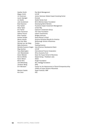 52 PRIVATE CAPITAL, PUBLIC GOOD
Heather Smith 		 Pax World Management
Megan Smith 		 US SIF
Jim Sorenson		James Sorenson Global Impact Investing Center
Laurie Spengler 		 Enclude
Lili Stiefel 		 Stiefel Family Fund
Julie Sunderland 		Bill  Melinda Gates Foundation
Brad Swanson 		 Developing World Markets
Paul Szkiler 		Truestone Impact Investment Management
Steve Taylor 		 United Way
Eric Techel 		Capricorn Investment Group
Sean Tennerson 		 The Case Foundation
Gabriel Thoumi 		 Calvert Investments
Brian Trelstad 		 Bridges Ventures
Andrew Tyndale 		 Grace Mutual Limited
Marta Urquilla 		America Achieves/Results for America
Trent Van Alfen 		McDonough School of Business
Michael van den Berg 	 Triodos
Wally Verdooren 		 Feeding America
Michelle Suzanne Viegas 	Inter-American Development Bank
Meg Voorhes 		 US SIF
Tracy Washington 		International Finance Corporation
John Wasielewski 		 Africa Guaranty Fund
Grace Webster 		Duke the Fuqua School of Business
Dennis Whittle 		Global Giving / Feedback Labs
Karen Wilson 		 OECD
Benoit Wirz 		 Knight Foundation
Joel Wittenberg		 W.K. Kellogg Foundation
Jonathan Wong 		 DFID
Erin Worsham 		Center for the Advancement of Social Entrepreneurship
(CASE) at Fuqua School of Business
Mariana Yazebk 		 Aspen Institute, AMP
Kim Zeuli 		 ICIC
 