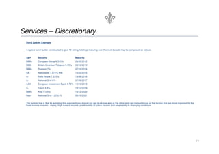 Services – Discretionary
 Bond Ladder Example


 A typical bond ladder constructed to give 10 rolling holdings maturing over the next decade may be composed as follows:


 S&P        Security                            Maturity
 BBB+       Compass Group 6.375%                29/05/2012
 BBB-       British American Tobacco 5.75%      09/12/2013
 BBB+       Pearson 7%                          27/10/2014
 AA-        Nationwide 7.971% PIB               13/03/2015
 A-         Rolls Royce 7.375%                  14/06/2016
 A-         National Grid 6%                    07/06/2017
 AAA        European Investment Bank 4.75% 15/10/2018
 A-         Tesco 5.5%                          13/12/2019
 BBB+       Axa 7.125%                          15/12/2020
 Baa1       National Grid 1.25% I/L             06/10/2021


 The bottom line is that by adopting this approach you should not get stuck one way or the other and can instead focus on the factors that are most important to the
 fixed income investor - safety, high current income, predictability of future income and adaptability to changing conditions.




                                                                                                                                                                       19
 