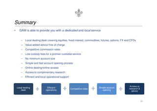 • GAM is able to provide you with a dedicated and local service
– Local dealing desk covering equities, fixed interest, commodities, futures, options, FX and CFDs
– Value added advice free of charge
– Competitive commission rates
– Low custody fees for a premier custodial service
Summary
– No minimum account size
– Simple and fast account opening process
– Online dealing/online access
– Access to complimentary research
– Efficient and local operational support
20
Local dealing
desk
Efficient
operations
Competitive rates
Simple account
opening
Access to
research 
advice
 