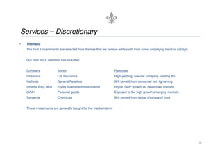 Services – Discretionary
•   Thematic
    The final 5 investments are selected from themes that we believe will benefit from some underlying trend or catalyst.


    Our past stock selection has included:


    Company               Sector                                   Rationale
    Chesnara              Life Insurance                           High yielding, low-risk company yielding 8%
    Halfords              General Retailers                        Will benefit from consumer belt tightening
    iShares Emg Mkts      Equity Investment Instruments            Higher GDP growth vs. developed markets
    LVMH                  Personal goods                           Exposed to the high growth emerging markets
    Syngenta              Chemicals                                Will benefit from global shortage of food


    These investments are generally bought for the medium term.




                                                                                                                            14
 