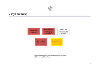 Organisation



                                       Mark Maloney               James Lasry
               Paul Brailey
                                         Managing                Non-Executive
                Director
                                          Director                 Director




                          Djamal Adib                 Isabel Duque




                       Investment Management, Advisory & Execution-Only dealing
                       Client Services & Compliance




                                                                                  4
 