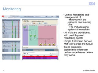 Monitoring Unified monitoring and management of Hardware in the resource pool running VMs The VM operating systems themselves All VMs are provisioned with pre-integrated monitoring agents  Single Enterprise Service Mgt view across the Cloud Trend projection capabilities to forecast performance issues before they occur 