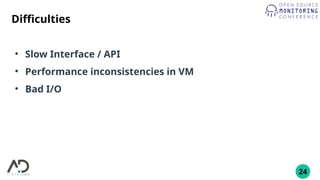 24
Difficulties
●
Slow Interface / API
●
Performance inconsistencies in VM
●
Bad I/O
 